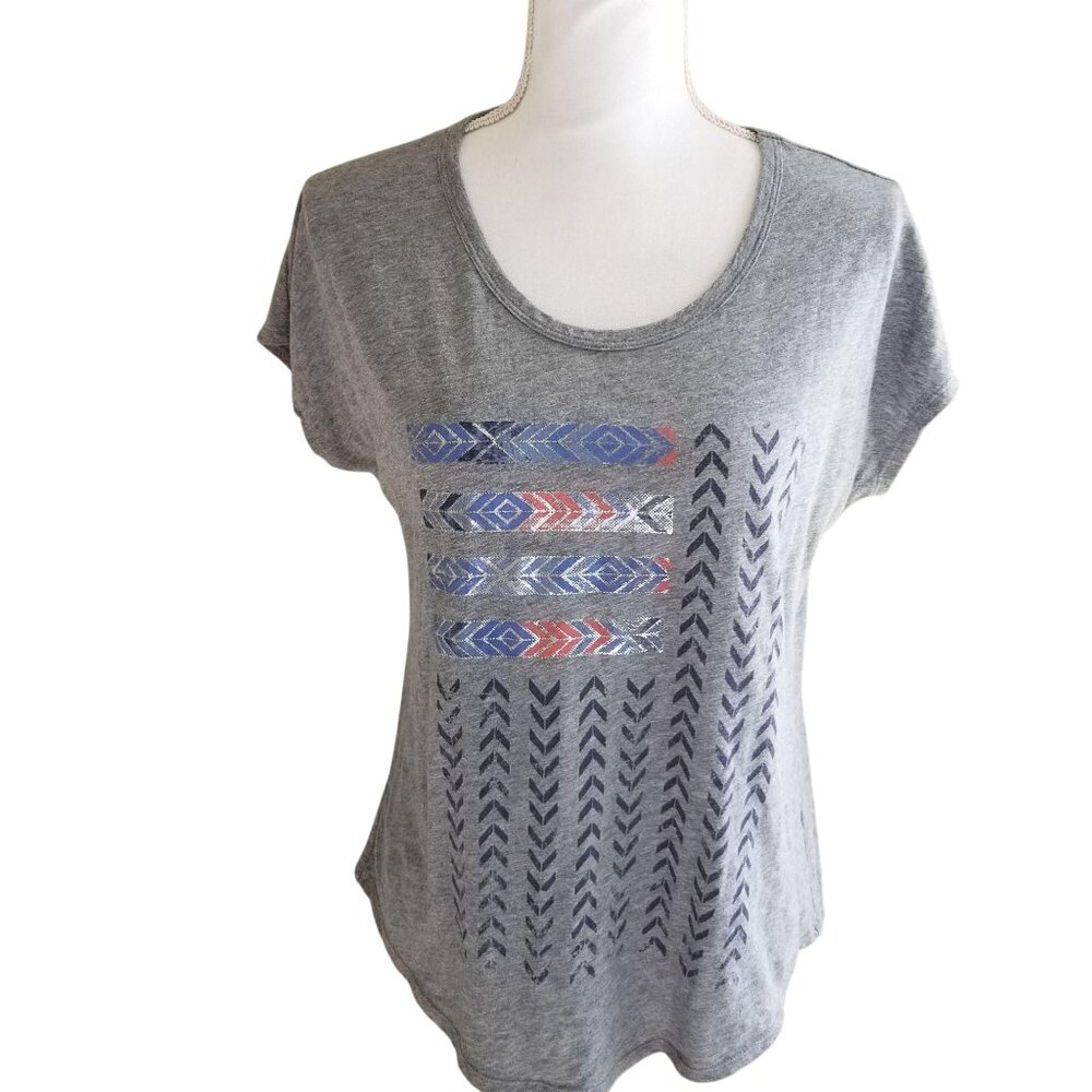 Sonoma Gray Short Sleeve Tee With Geometric Print Scoop Neck Cotton Blend Womens